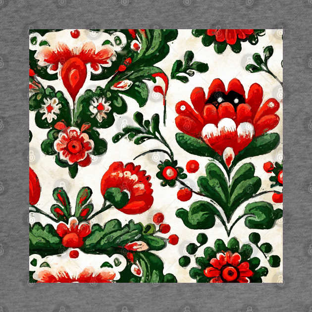 Folklore motif red flowers by JBJart